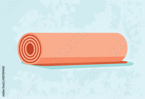 A rolled yoga mat, in shades of coral and salmon, against a textured pale blue backdrop, creating a peaceful scene