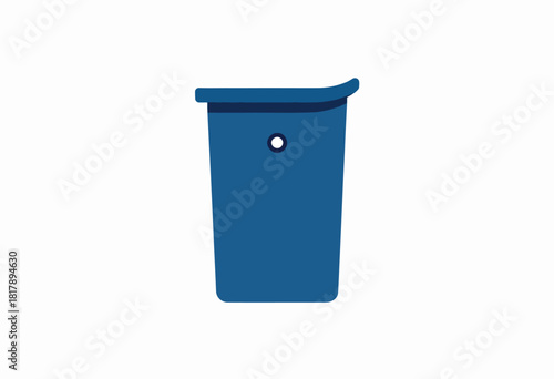 A blue, stylized waste receptacle with a hole in the side, curved top and shadow, on a white background