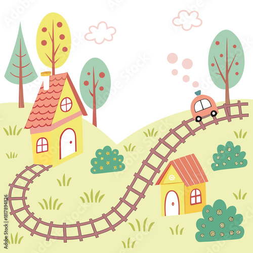 Colorful cartoon illustration of a toy train on a winding track, passing through a charming countryside landscape with houses, trees, and bushes