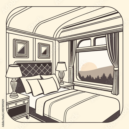 Vintage train cabin interior with a comfortable bed, bedside lamps, and a large window offering a scenic view of a sunset over mountains and a forest, evoking classic travel and luxury journeys