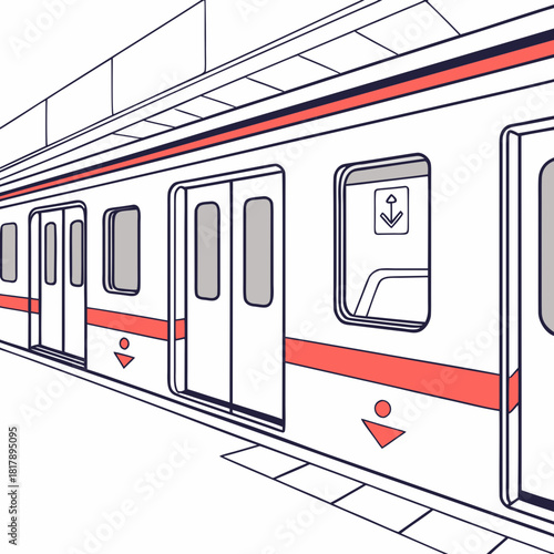 A modern urban public transportation train car, featuring sleek design and red accent stripes, standing at a station platform, isolated on