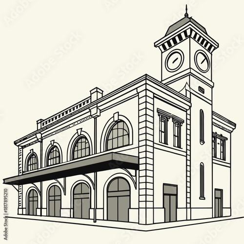 Vintage architectural line art illustration of a historic building featuring a prominent clock tower, arched windows, and a covered entrance