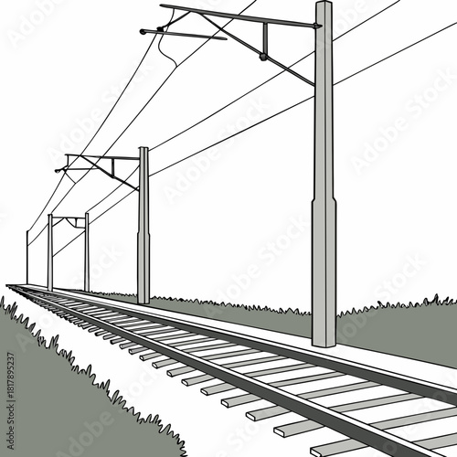 Illustration of a railway track with overhead power lines and support poles, showing electrified train infrastructure, isolated on