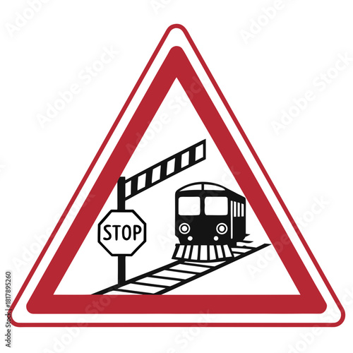 A triangular warning sign with a red border, depicting a train approaching a railroad crossing with a barrier and a stop sign, isolated on
