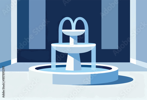 A stylized blue fountain with a tiered bowl, arches, and a simple geometric architectural backdrop