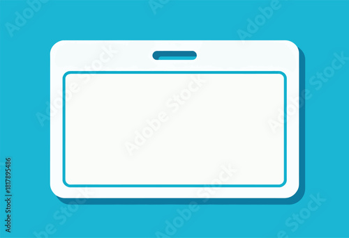 A minimalist blue and white image, featuring a white id card with a shadow against a teal background
