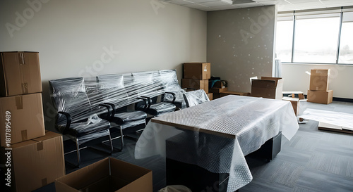 Interior of office with desk boxes and wrapped chairs in stretch film on moving day 51350583 1