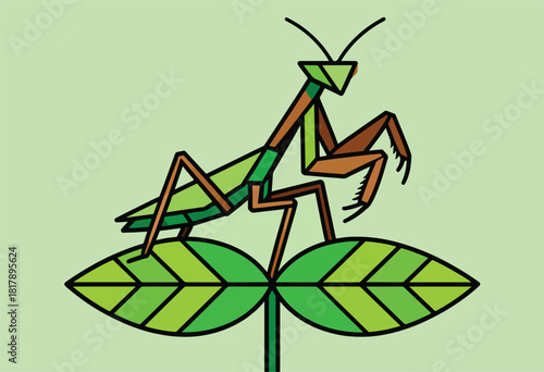 A geometric praying mantis illustration in brown, green, and black, perched on stylized leaves. The background is a pale green