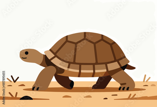 A cartoon tortoise is illustrated walking on a sandy surface with sparse vegetation and a white background