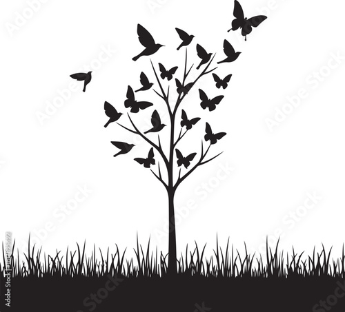 Black silhouette tree with birds and butterflies flying