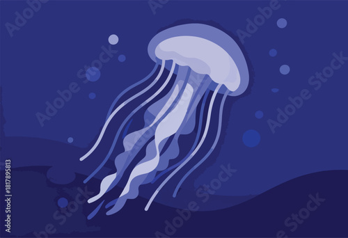 An artistic illustration of a jellyfish floating in deep blue water, with simple yet elegant design