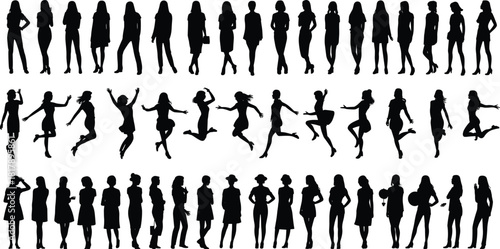 Comprehensive vector silhouette set of diverse young women posing, jumping, running, and dancing, ideal for energetic lifestyle advertisements.