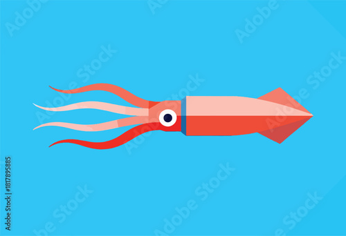 A minimalist illustration of a red and pink squid against a vibrant blue backdrop