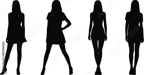 Four stylish young women fashion model vector silhouettes posing in short dresses and high heels, isolated on white background.