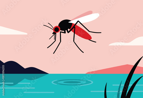 A stylized illustration of a mosquito hovering above water with ripple. Pink sky, mountain silhouette, and blades of grass are present