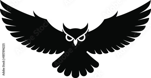 Magnificent flying owl vector silhouette icon with wings fully spread, symbolizing wisdom, power, night, and intense concentration.