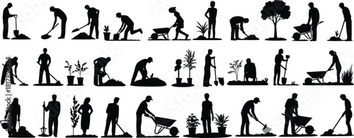 Large set of gardening and farming vector silhouettes with people digging, planting, raking, and using wheelbarrows, depicting agriculture and labor.