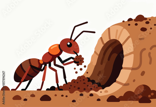 Animated illustration of an ant excavating soil near an ant tunnel, its form stylized and the background clean