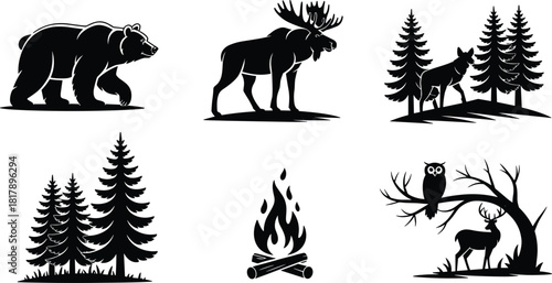 Outdoor wilderness and camping vector silhouette set featuring bear, moose, deer, owl, pine trees, and roaring campfire 