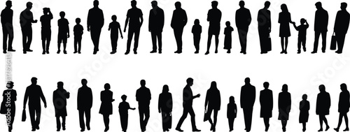 Set of diverse crowd of people vector silhouettes, including men, women, and children, standing, walking, and interacting on white background.