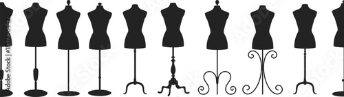 Set of nine fashion dress form or tailor mannequin vector silhouettes with various ornate stands, representing couture, tailoring, and design.