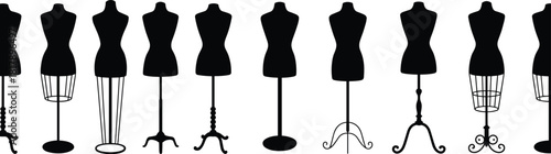 Set of nine fashion dress form or tailor mannequin vector silhouettes with various stylish and vintage stands, ideal for design.