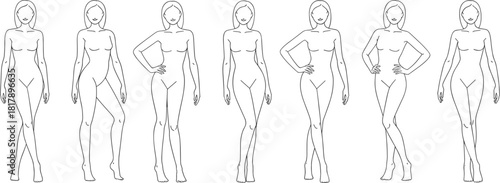 Set of seven fashion croquis vector templates featuring female figures in diverse stylish poses for apparel design and technical drawing.