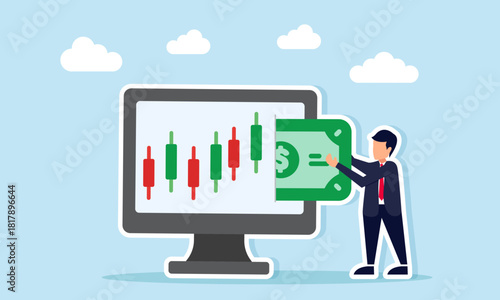 Businessman taking dollar money from a monitor displaying candlestick charts illustration of taking profit from stock trading