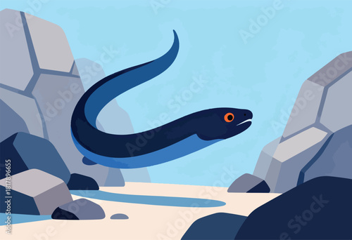 A stylized sea serpent glides through the water, with rocky formations and a beach setting