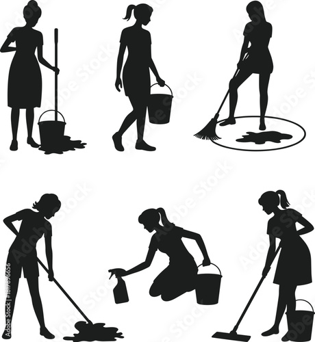 Set of six women cleaning vector silhouettes using mops, buckets, and brooms, depicting household chores, hygiene, and domestic work.