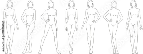 Set of seven fashion croquis vector templates with blank female figures in various poses for clothing design and illustration.