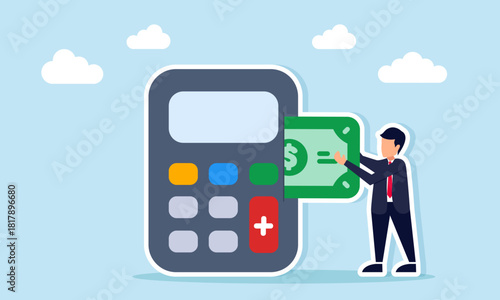 Businessman taking dollar money from a calculator illustration of gaining profit from business project calculations