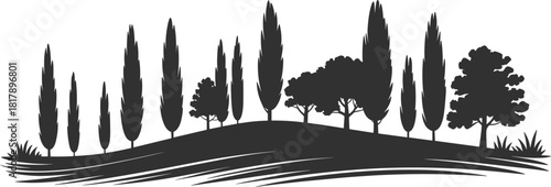 Tuscan landscape vector silhouette featuring rolling hills and characteristic cypress trees, representing Italian countryside and classic nature.