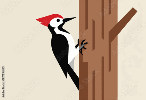 A stylized woodpecker with a red crest clings to a tree, minimalist design, earthy tones