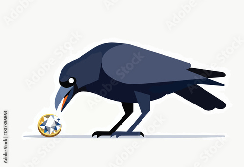 Illustration depicts a crow with a diamond. The crow's beak is open, positioned to interact with the jewel