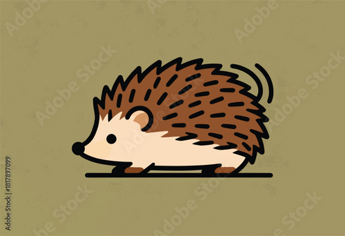 A cute, stylized hedgehog with a tan belly and brown quill-covered back, set against a textured, muted olive background