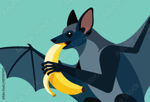A whimsical illustration depicts a bat joyfully eating a banana on a light blue background, stylized