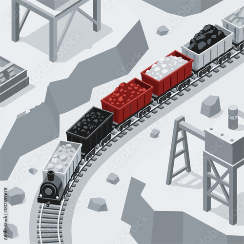 Coal train transporting various materials through a mining environment on tracks.