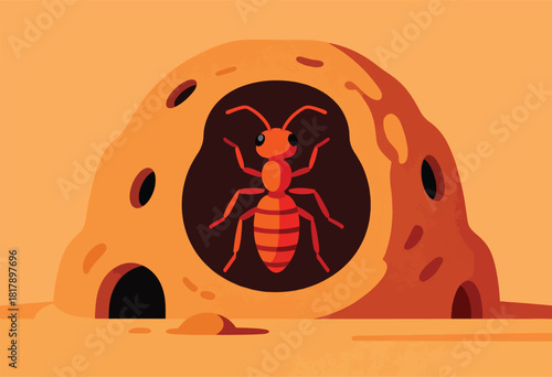 A stylized illustration featuring an ant inside its nest, presented in warm orange and brown tones