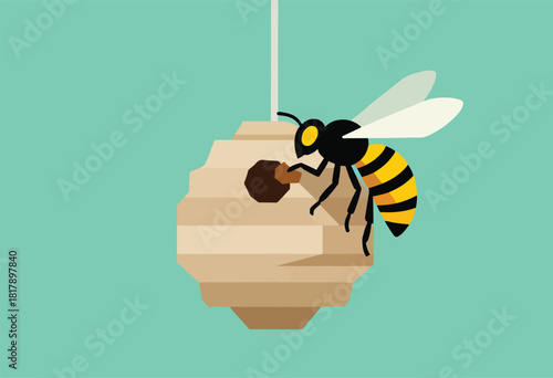A stylized bee approaches its hive, suspended from above. The background is a flat, teal color