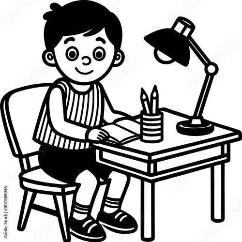 “Cute Schoolboy Studying at Desk Education Cartoon Vector Illustration”