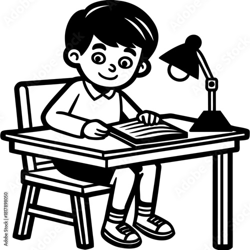 “Cute Schoolboy Studying at Desk Education Cartoon Vector Illustration”