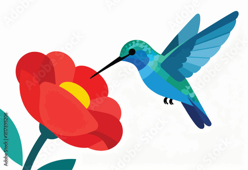 A vibrantly colored hummingbird with outstretched wings approaches a large red flower in a minimalist, graphic style