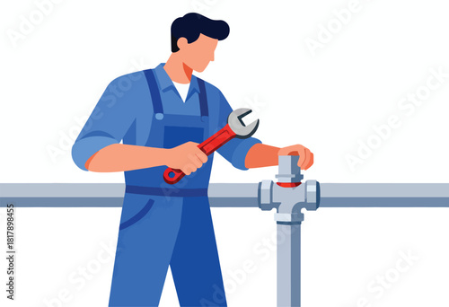 A cartoon plumber in blue overalls is working with a red wrench on a pipe and valve, isolated on white