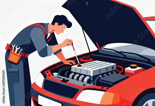 A mechanic, with tools, inspects a car's open engine bay with a dipstick. The vehicle is red
