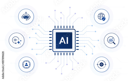 AI use cases. digital AI chip technology background with editable stroke icons