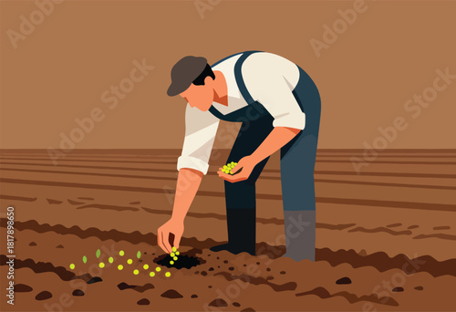 A farmer plants seeds in a field. He kneels, wearing a hat, overalls, and holds seeds. The soil is brown