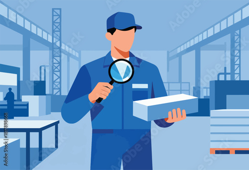 An industrial worker in blue uniform inspects a block with a magnifying glass inside a factory