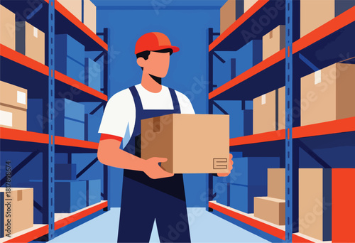 A stylized illustration features a warehouse worker holding a box amidst rows of shelves stocked with packages