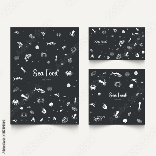 Set of Seamless pattern with various seafood. Illustration of fish, shellfish and crustaceans.